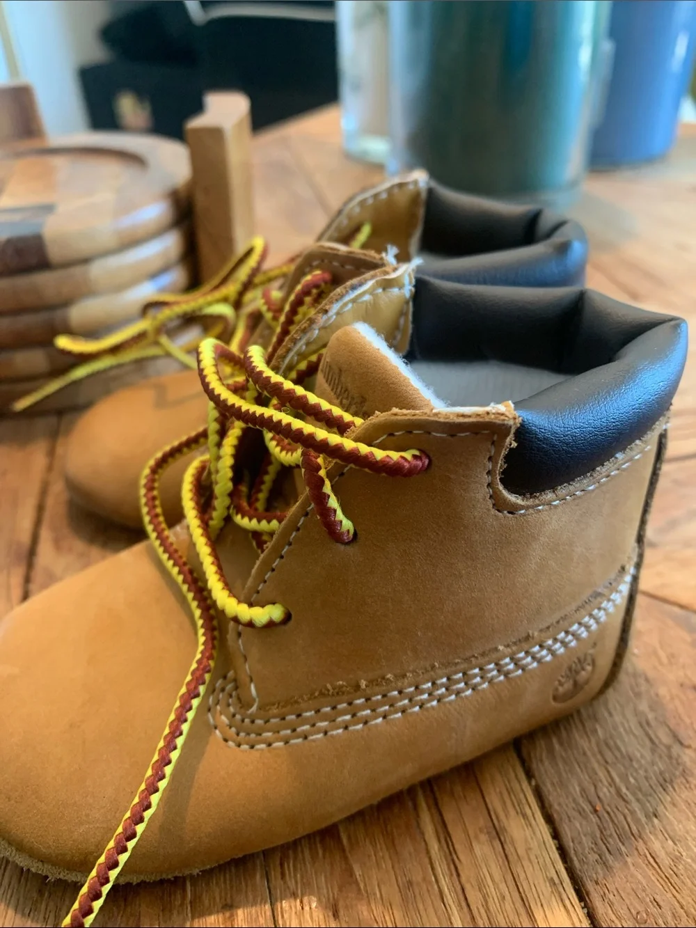 Timberland Kids Tan Boots with Yellow and Burgundy Two-Tone Laces